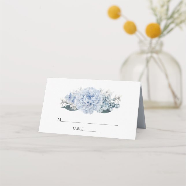 Dammig blå akvarellblommig bröllop placeringskort (Framsida)