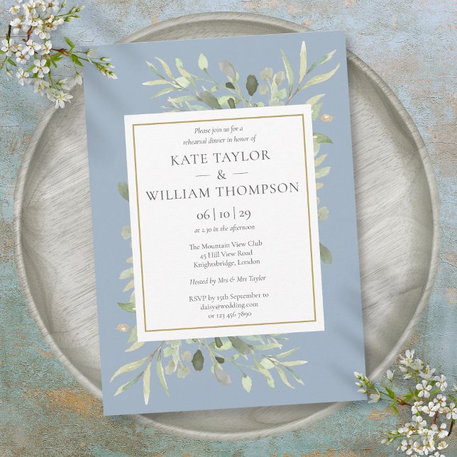 Dammig blå akvarellgrönska repetitionsmiddag inbjudningar (Dusty Blue Watercolor Greenery Rehearsal Dinner Invitation)