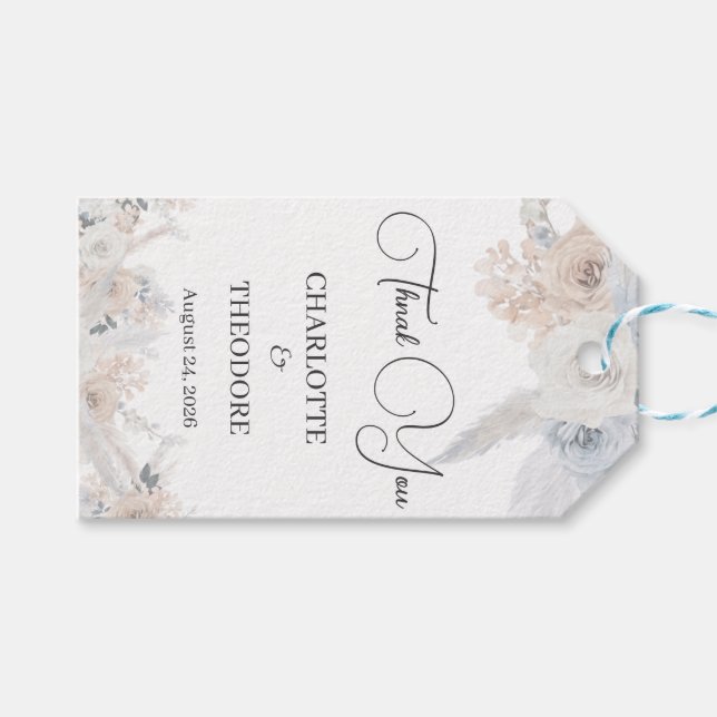 Dammig blå beige blomsterbröllop tack gåvokort presentetikett (Framsidan (Horisontell))