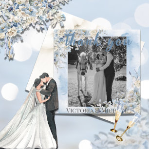 Dammig blå blomfoto vattenfärg bröllop  tack kort