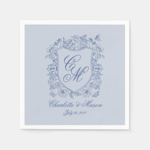 Dammig blå blomkrans vigselmonogramservett pappersservett