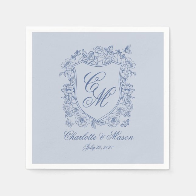 Dammig blå blomkrans vigselmonogramservett pappersservett (Framsidan)