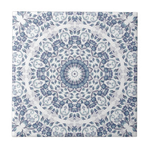 Dammig blå blommande mandala kakelplatta