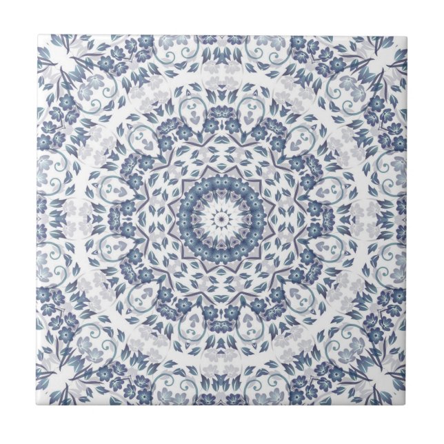 Dammig blå blommande mandala kakelplatta (Framsidan)