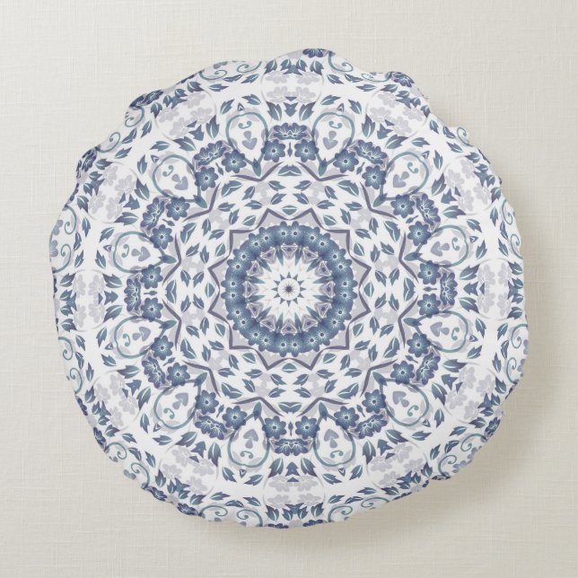 Dammig blå blommande mandala rund kudde (Baksidan)