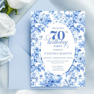 Dammig blå blommig 70-års födelsedagsinbjudan inbjudningar