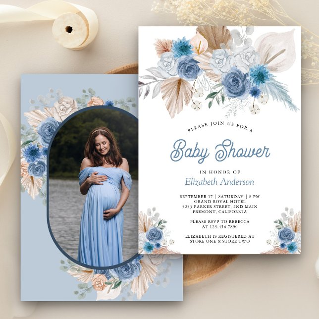 Dammig Blå Blommig Boho Pampas Foto Bebis Shower Inbjudningar (Skapare uppladdad)
