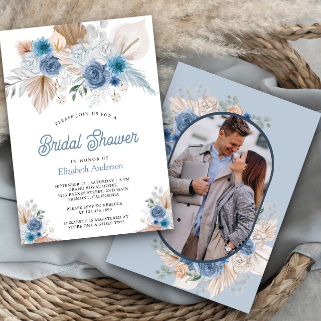 Dammig blå blommig boho pampas foto bröllopsdusch inbjudningar (Skapare uppladdad)