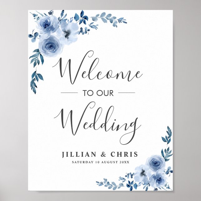 dammig blå blommigt bröllop välkommen poster (Framsidan)