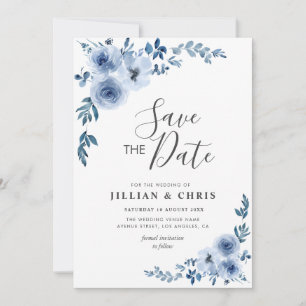 dammig blå blommigt spara datumet inbjudningar