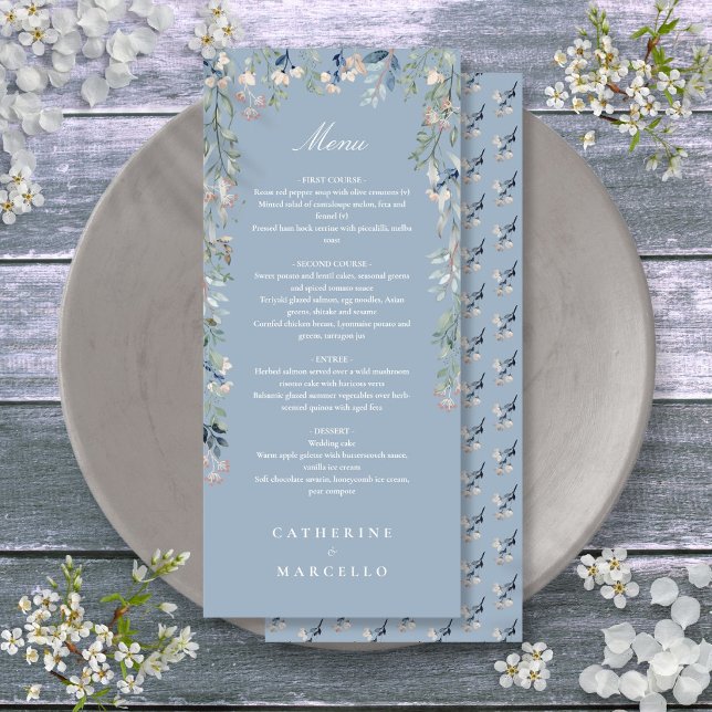 Dammig blå blomster äktenskap middag meny (Dusty Blue Floral Wildflowers Wedding Dinner Menu)