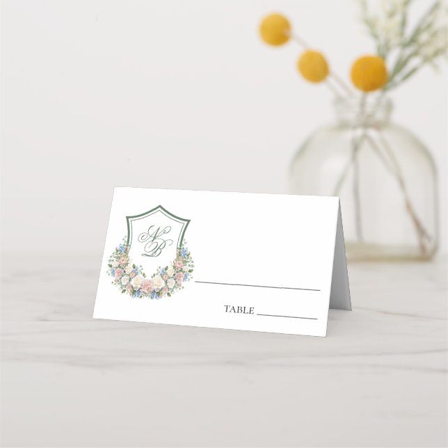 Dammig blå blomster vapen Wedding platskort Placeringskort (Framsida)