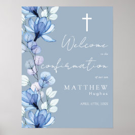 Dammig blå blomsterbekräftelse välkomstskylt poster
