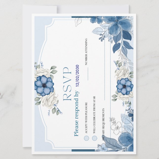 Dammig blå blomsterbröllop RSVP-kort | Botanisk (Framsida)