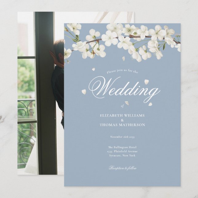 Dammig blå blomsterbröllop Vit Blomfotografi Inbjudningar (Fram/baksida)