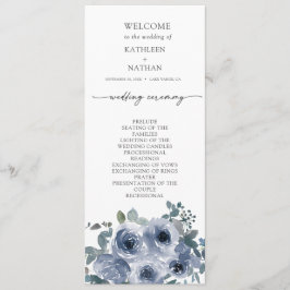 Dammig blå blomsterbröllopsprogram meny
