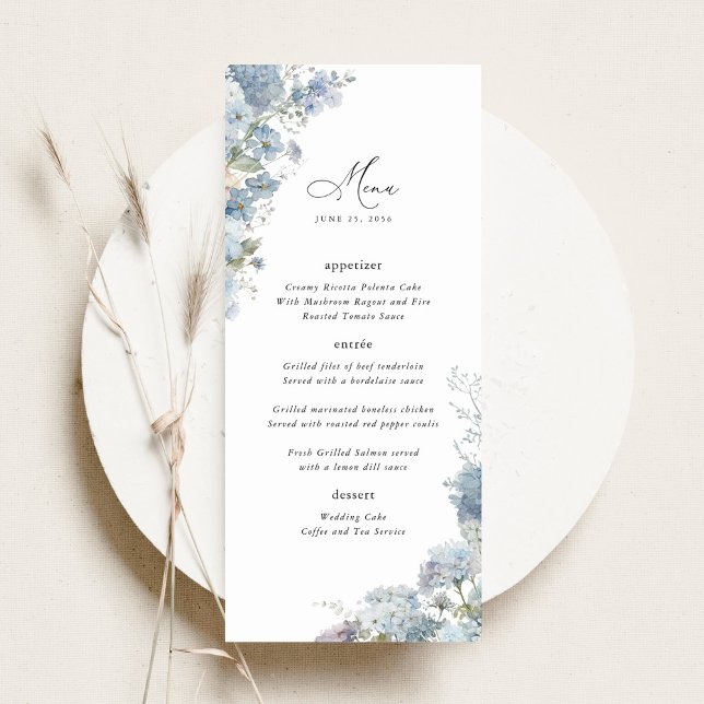 Dammig blå blomsterbröllopsreception Middag Meny (Dusty blue watercolor wedding menu card, elegant floral reception dinner menu table stationery)