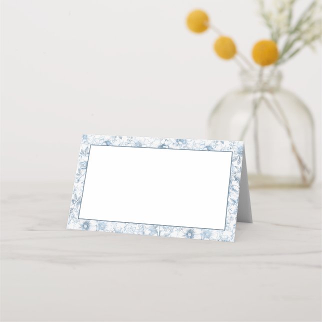 Dammig blå blomsterdekoration Blank placeringskort (Framsida)