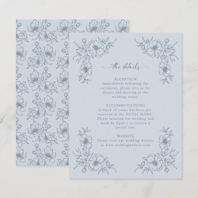 Dammig blå blomsterdetalj tilläggskort (Fram/baksida)