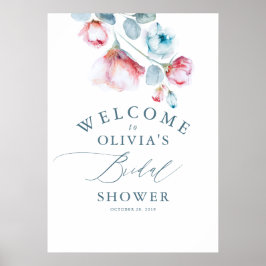 Dammig blå blomsterelegant bröllopsdusch välkommen poster
