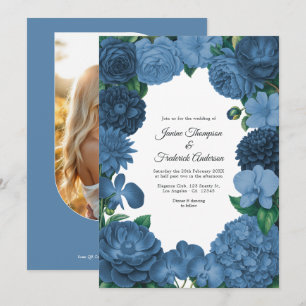 Dammig blå blomsterfoto och QR-kod bröllop Inbjudningar