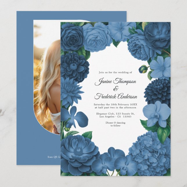 Dammig blå blomsterfoto och QR-kod bröllop Inbjudningar (Fram/baksida)