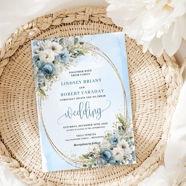 Dammig blå blomstergrönska bröllopsinbjudan inbjudningar (Dusty Blue Floral Greenery wedding invitation

)