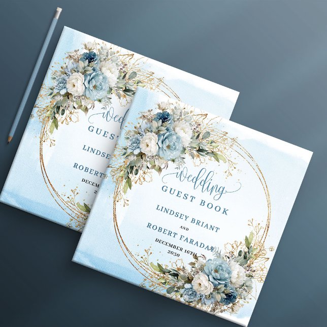 Dammig blå blomstergrönska Guldglitter Bröllop  Gästböcker (Dusty Blue Floral Greenery Gold Glitter Wedding Book

)