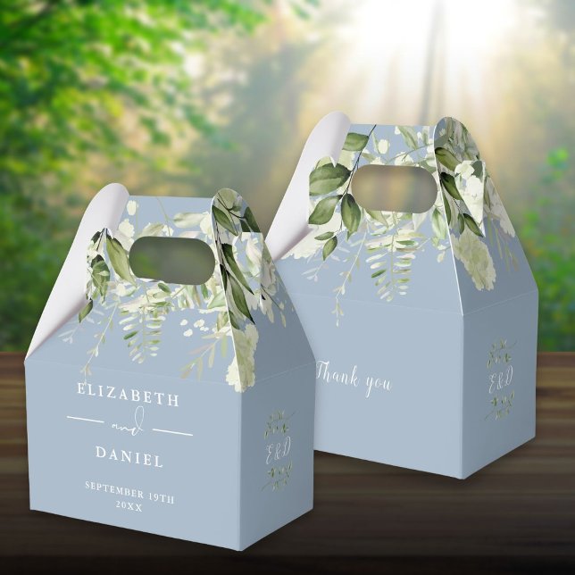 Dammig blå blomstergrönska monogram bröllop presentaskar (Dusty Blue Floral Greenery Monogram Wedding Favor Box)