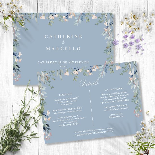Dammig blå blomsterkaskad Bröllopsdetaljkort Inbjudningar (Dusty Blue Floral Cascade Wedding Details Card)