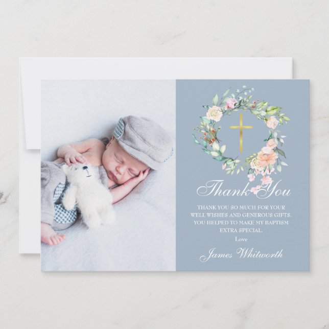 Dammig blå blomsterkrans Dop Foto  Tack Kort (Framsida)