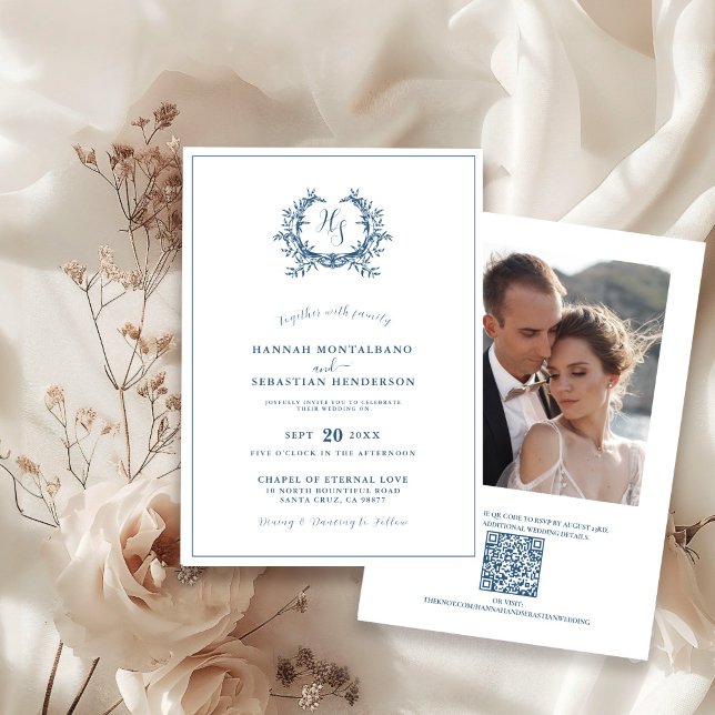 Dammig blå blomsterkrön QR-kod bröllopsfoto Inbjudningar (Skapare uppladdad)