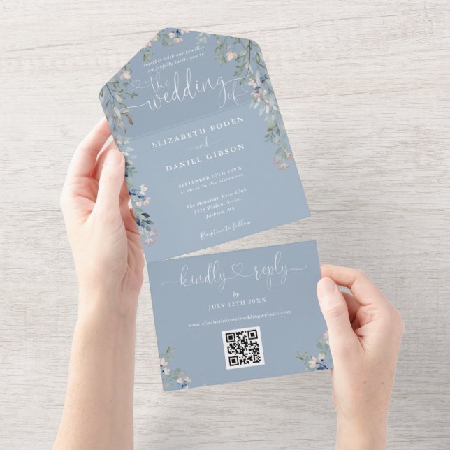 Dammig blå blomsterliknande hjärtan QR-kod bröllop (Avrivbar del)