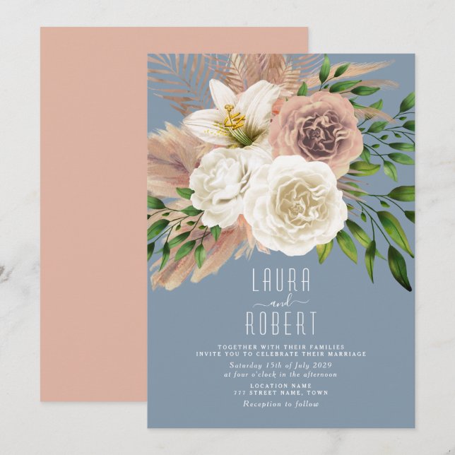Dammig blå boho blomsterbröllopsinbjudan inbjudningar (Fram/baksida)
