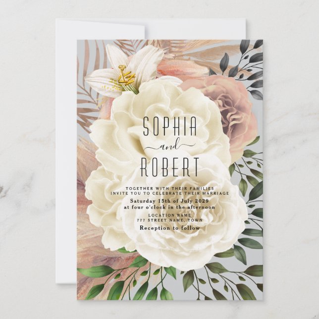 Dammig blå boho blomsterbröllopsinbjudan inbjudningar (Framsida)
