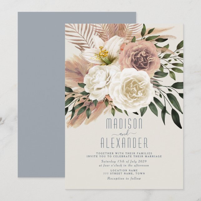 Dammig blå boho rosa blommig bröllopsinbjudan inbjudningar (Fram/baksida)