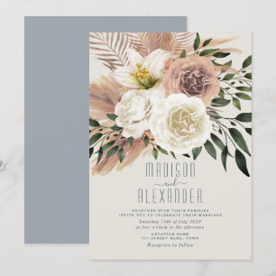 Dammig blå boho rosa blommig bröllopsinbjudan inbjudningar