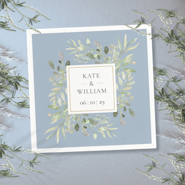 Dammig blå botanisk grön växtlighet bröllop pappersservett (Dusty Blue Botanical Greenery Wedding Napkins)