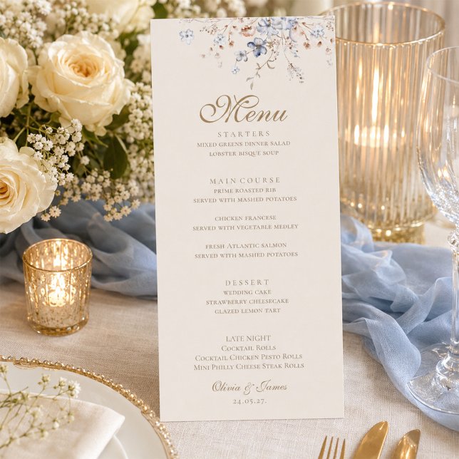Dammig blå botanisk menykort för bröllop meny (Dusty Blue Botanical Wedding Menu Card)