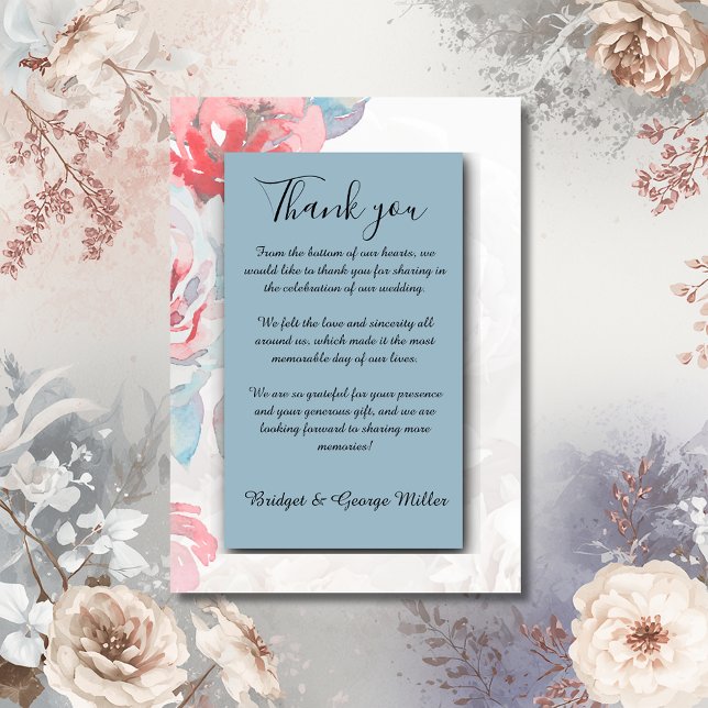 dammig blå chic Blommigt vattenfärg ro bröllop Tack Kort (Skapare uppladdad)