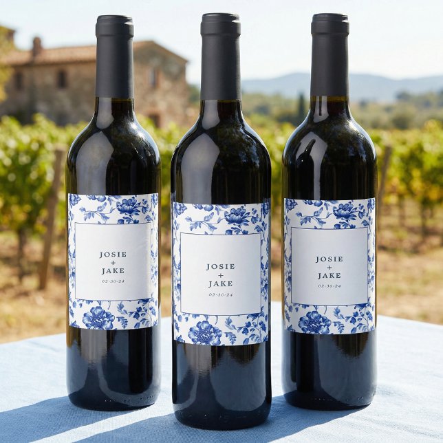 Dammig blå chinoiserie fyrkantig bröllopsfest vinflaska etikett (Dusty Blue Chinoiserie Square Wedding Wine Label)