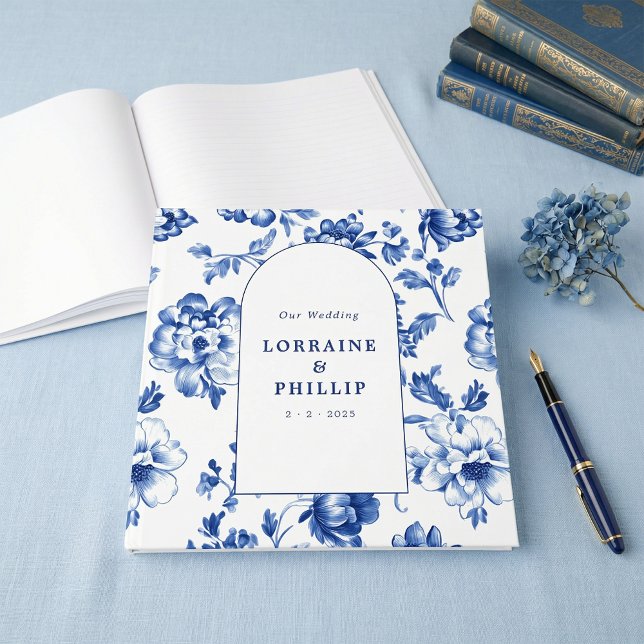 Dammig blå chinoiserie välvd bröllopsgästbok gästböcker (Dusty Blue Chinoiserie Arched Wedding Guest Book)