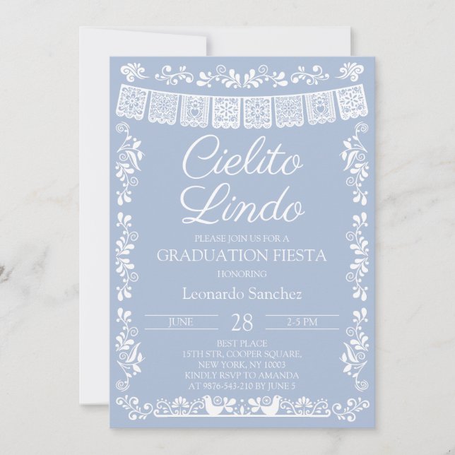 Dammig blå Cielito Lindo Examen Fiesta Inbjudningar (Framsida)