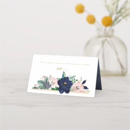 Dammig blå dammig rosa guld akvarellblommor placeringskort