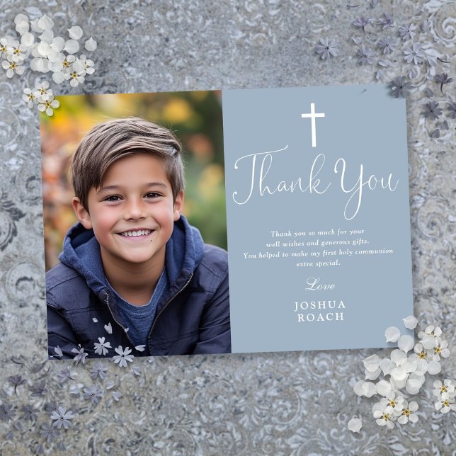 Dammig blå elegant bild första heliga kommunion tack kort (Dusty Blue Elegant Photo First Holy Communion Thank You Card)
