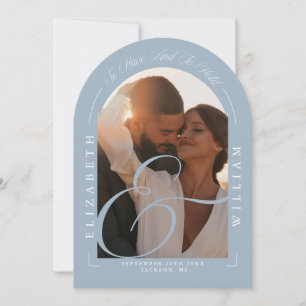 Dammig blå elegant fotobåge kalligrafi bröllop inbjudningar