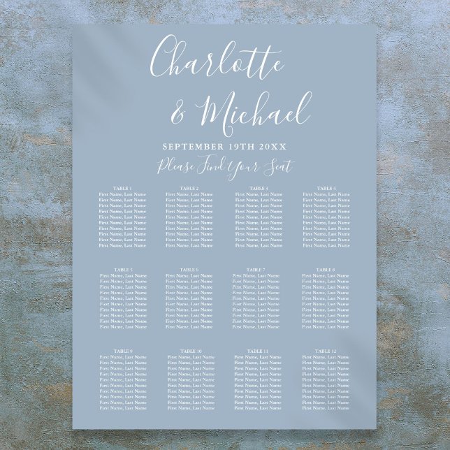 Dammig blå elegant signatur sittplatskarta för brö poster (Dusty Blue Elegant Signature Wedding Seating Chart)