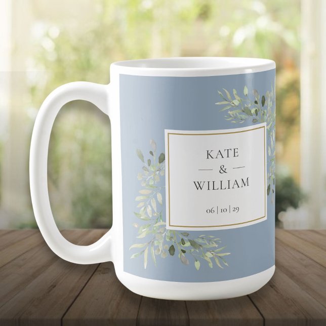 Dammig blå elegant vattenfärg grönska bröllop kaffemugg (Dusty Blue Elegant Watercolor Greenery Wedding Coffee Mug)
