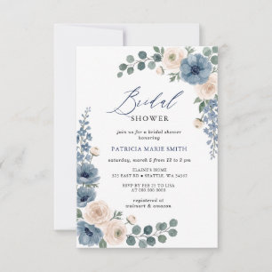 Dammig blå elfenbensros floral modern bröllopsdusc inbjudningar