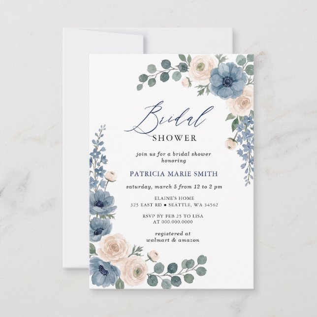 Dammig blå elfenbensros floral modern bröllopsdusc inbjudningar (Framsida)